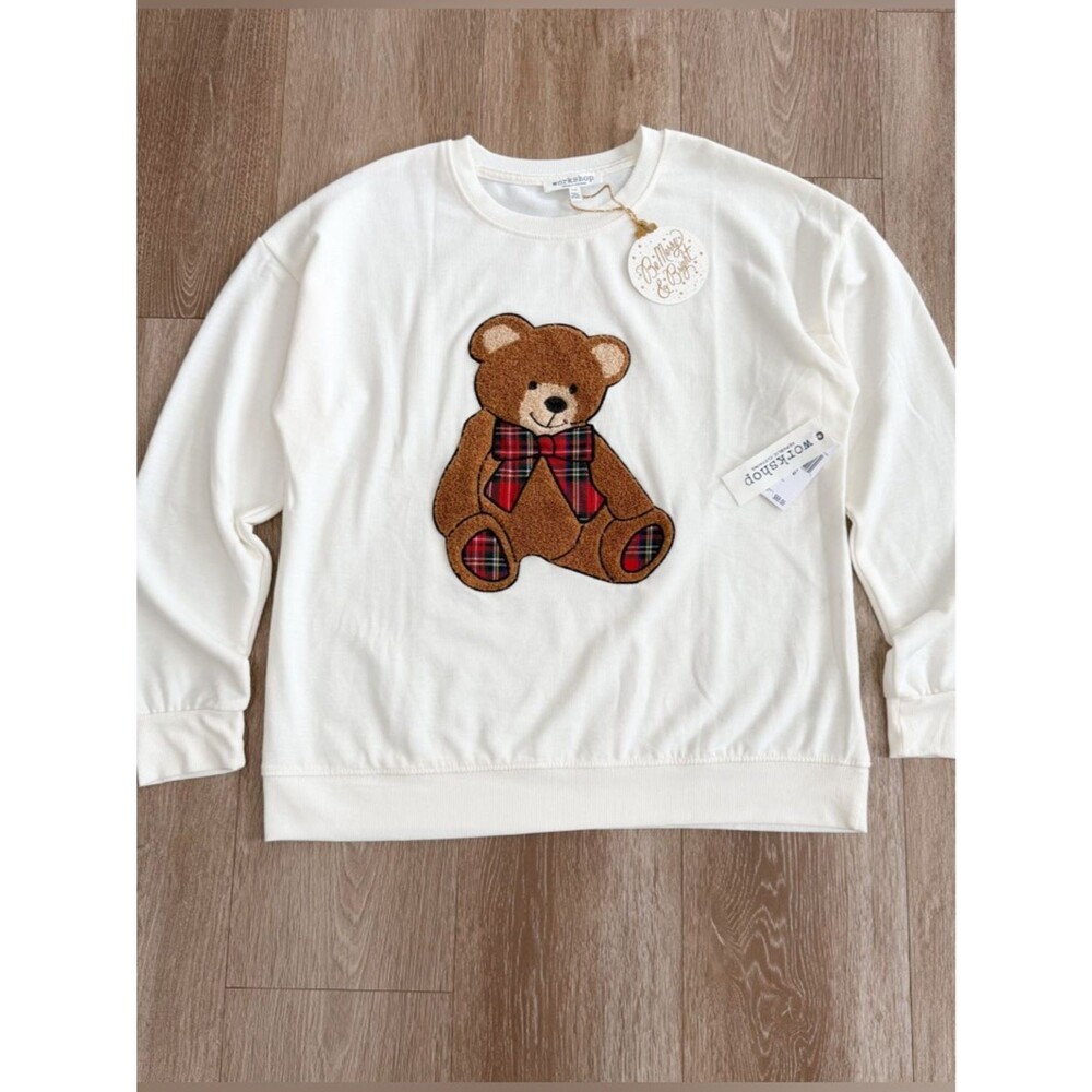 NWT Workshop Republic 3D Teddy Bear Plaid Bow Detail Sweatshirt Size Large